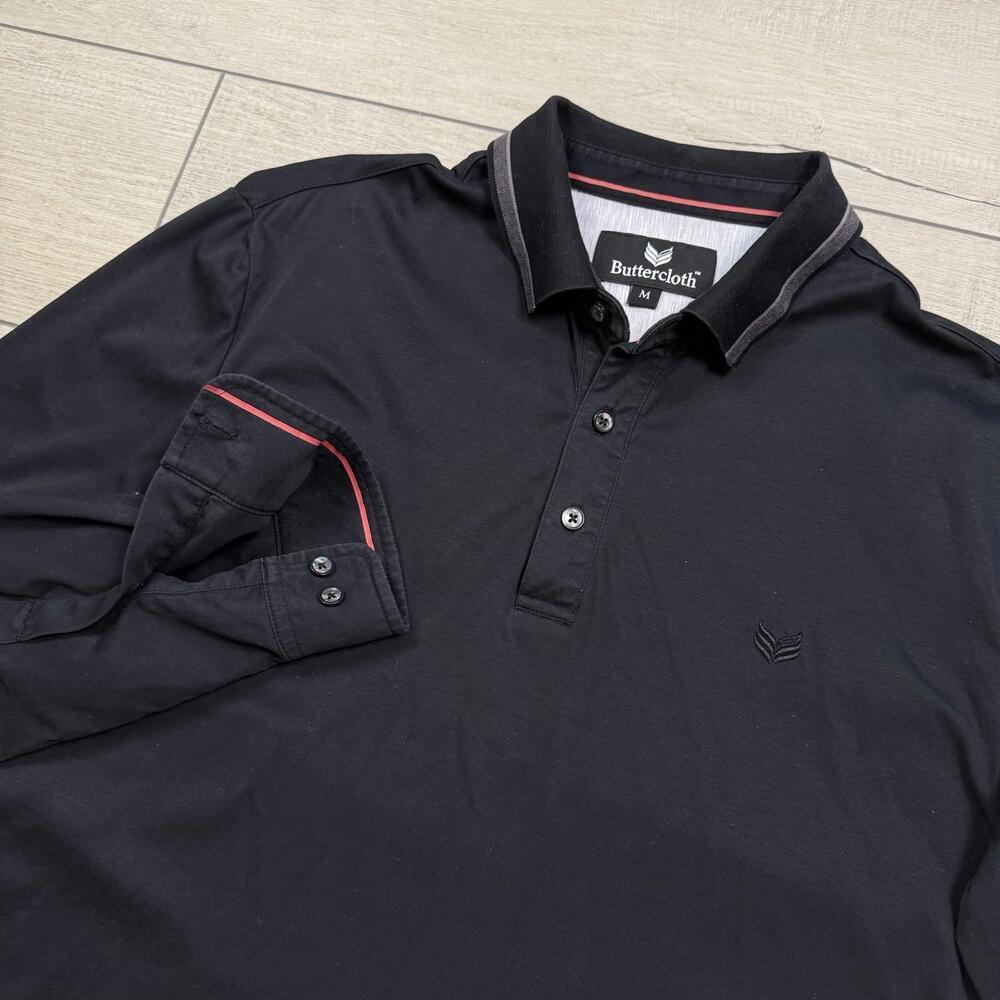 Buttercloth Black Long Sleeve Polo Shirt Sz M Cotton Contrast Collar AOP Stretch